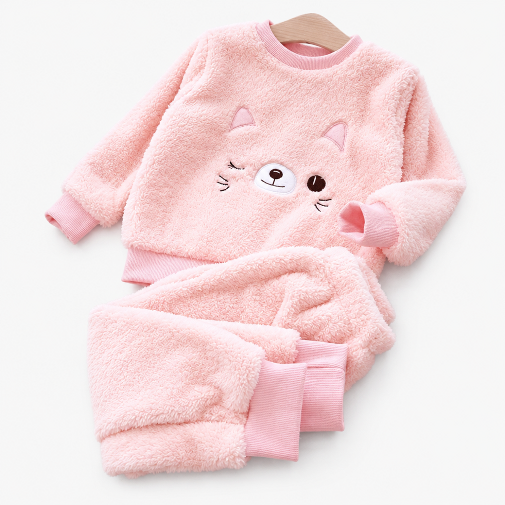 Girls long sleeve fleece pyjama set with pink cat face print