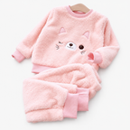Girls long sleeve fleece pyjama set with pink cat face print