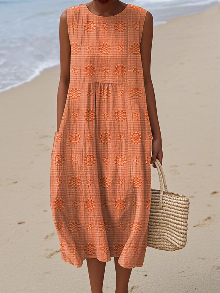 Women's Sleeveless Midi Dress with Pattern Print