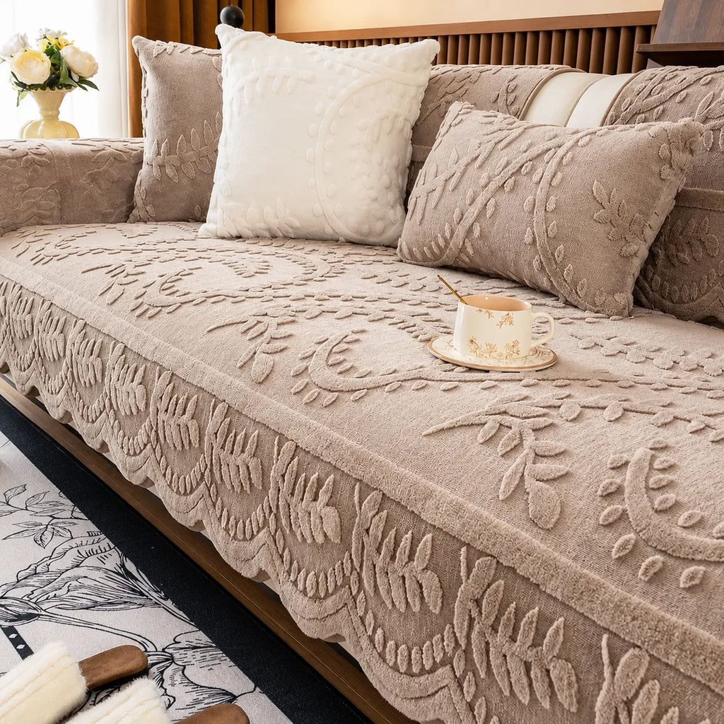 Plush Non-Slip Sofa Cover with Embossed Botanical Texture