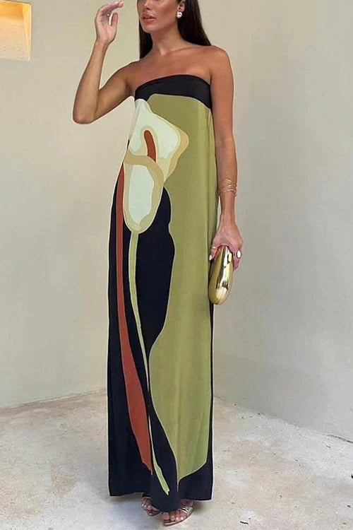 Women's Strapless Maxi Dress Color Block Print