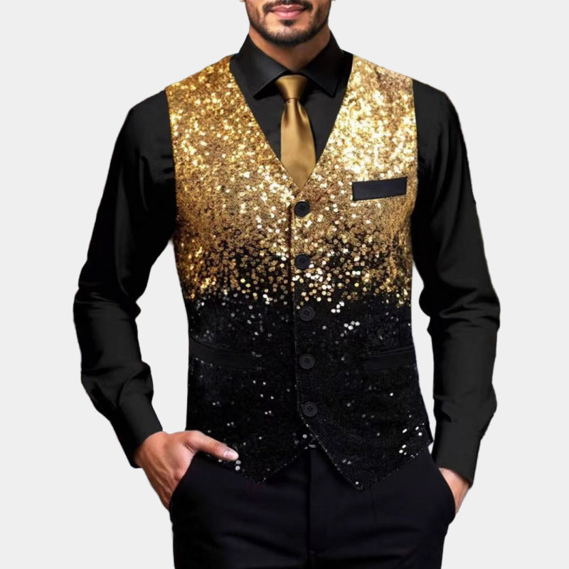 Men's Glitter Waistcoat with Satin Lapel - Gold Formal Vest
