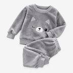 Girls long sleeve fleece pyjama set with grey cat face print