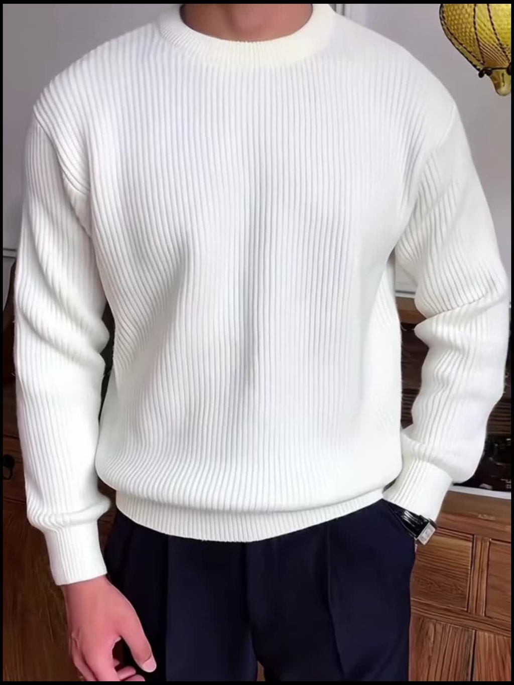 Men's Ribbed Crew-Neck Sweater - Loose Fit Knit Pullover