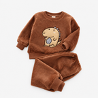 Girls long sleeve fleece pyjama set with coffee brown dinosaur print