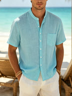 Men's Linen Shirt with Stand Collar, Short Sleeves and Chest Pocket