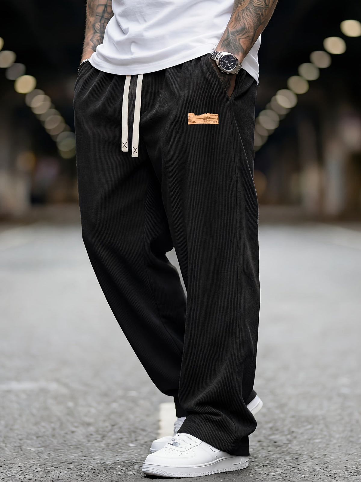 Men's Wide Leg Corduroy Trousers with Elastic Waist and Pockets