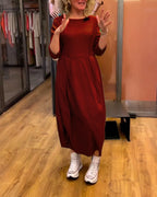 Women's Round Neck Dress with 3/4 Sleeves - Tailored Fit