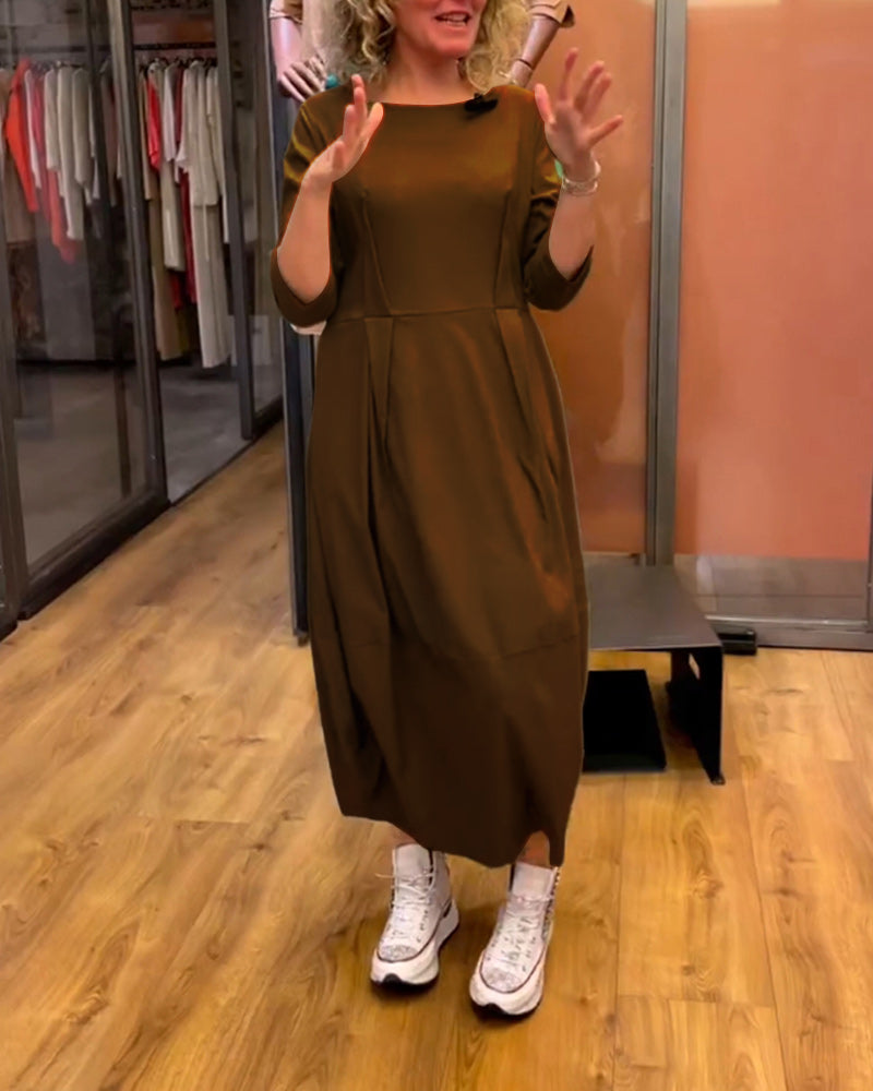 Women's Round Neck Dress with 3/4 Sleeves - Tailored Fit
