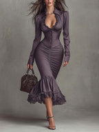 Dusty mauve lace ruched midi dress by Christine Brewer, featuring delicate lace details and a fitted silhouette for elegant evening wear.