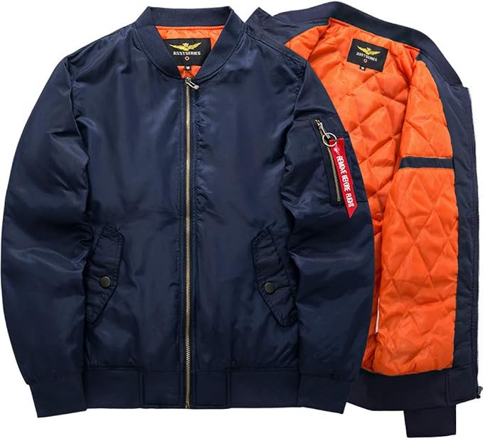 Men's Quilted Bomber Jacket with Zip Closure and Pockets