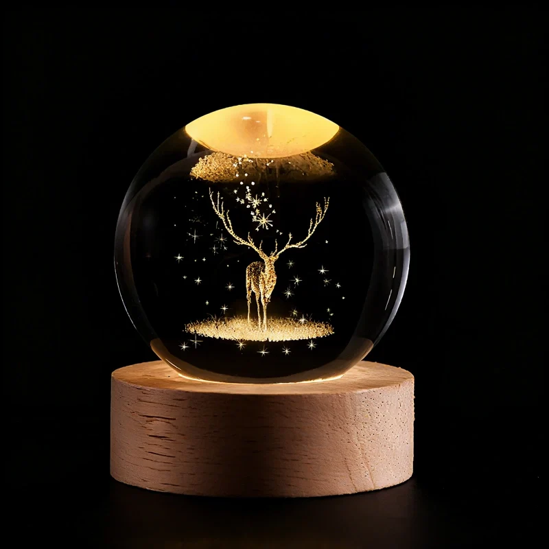 3D Engraved Crystal Ball Night Light – Wood & Glass LED Lamp