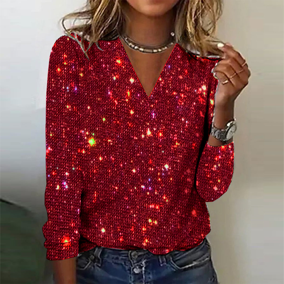 Glitterende Elegante Dames Blouse met V-Hals en Lange Mouwen – Rood