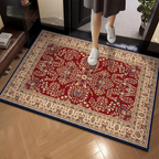 Decorative red and beige patterned rug on a wooden floor with a person stepping onto it.