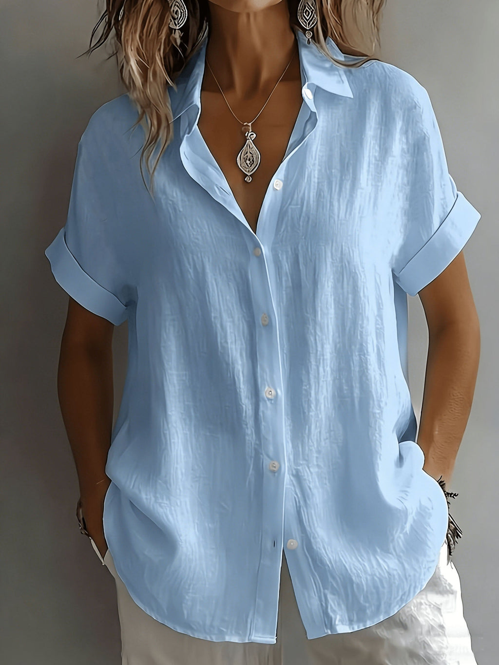 Women's Short-Sleeve Linen-Look Shirt with Button Placket