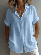Women's Short-Sleeve Linen-Look Shirt with Button Placket
