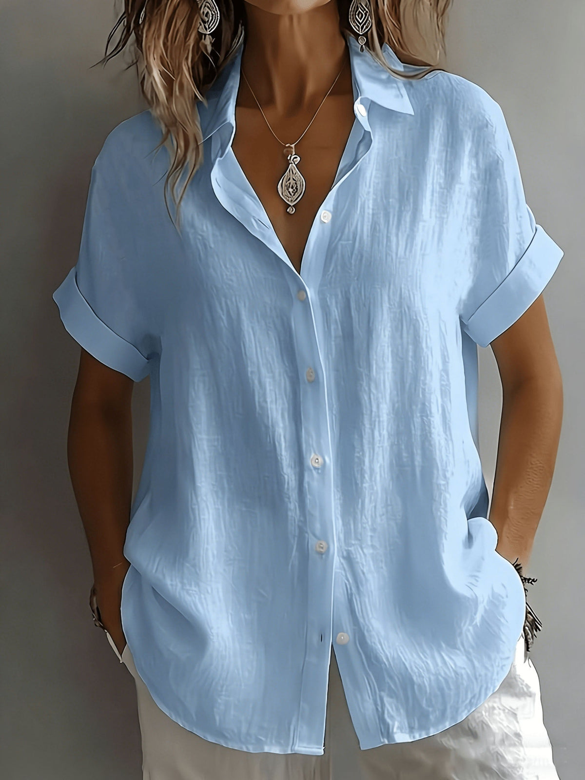 Women's Short-Sleeve Linen-Look Shirt with Button Placket