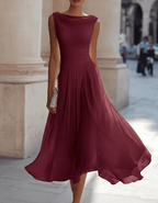 Christine Brewer chiffon draped-neck pleated midi dress for women, featuring flowy fabric and elegant pleats.
