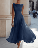 Chiffon draped-neck pleated midi dress for women by Christine Brewer, featuring a flowing fabric and elegant design.