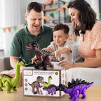 Famille découvrant le coffret du dinosaure marcheur électronique