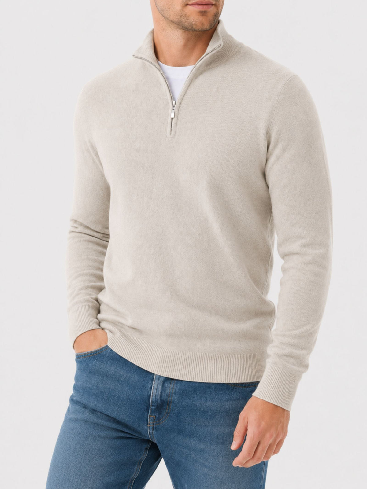 Men's Zip-Up Sweater with Stand-Up Collar, Ribbed Cuffs