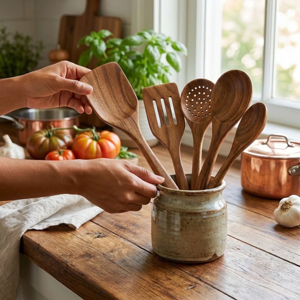 Wooden Utensil Set – Teak Kitchen Tools, 5 Pieces