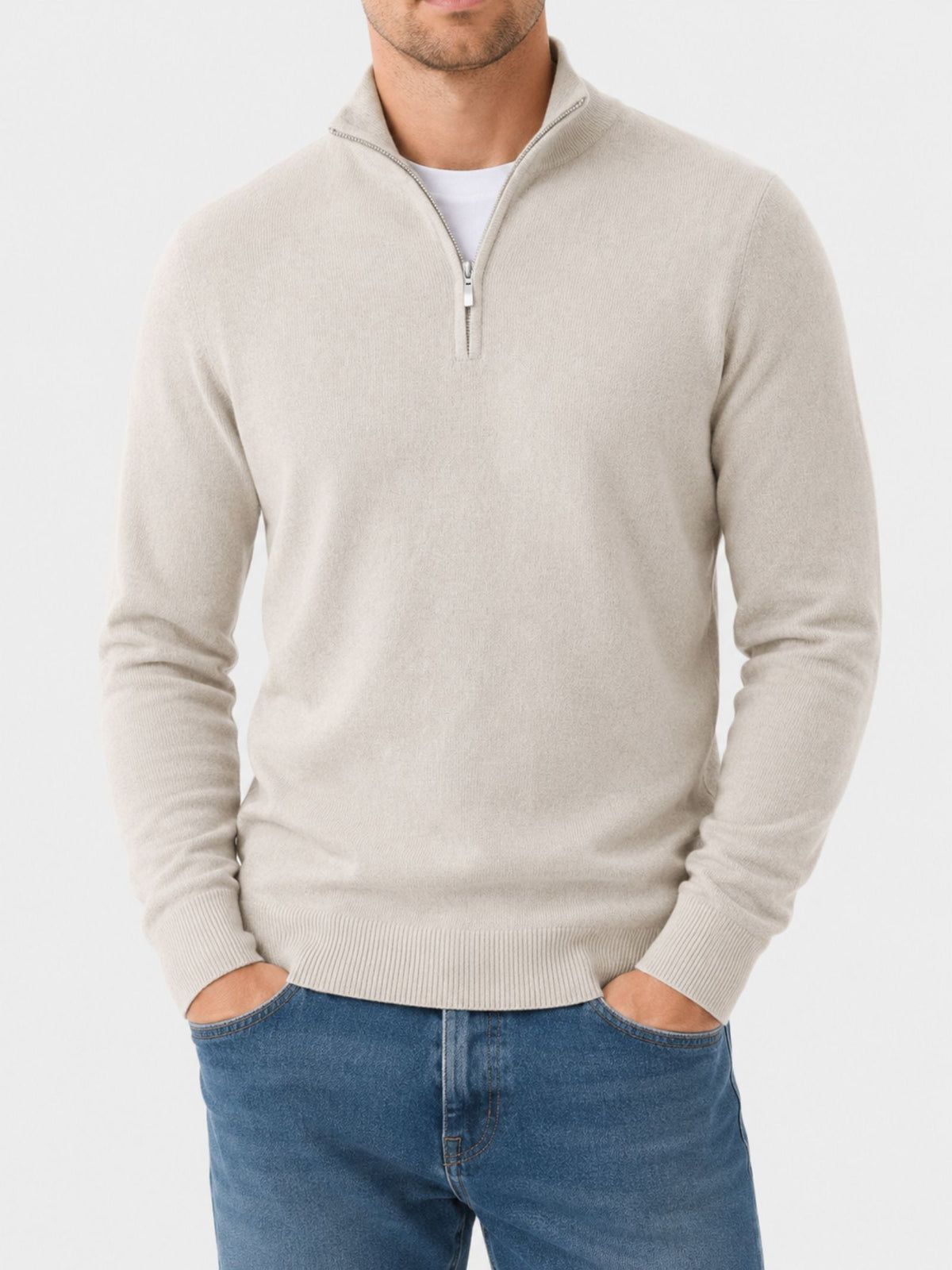 Men's Zip-Up Sweater with Stand-Up Collar, Ribbed Cuffs