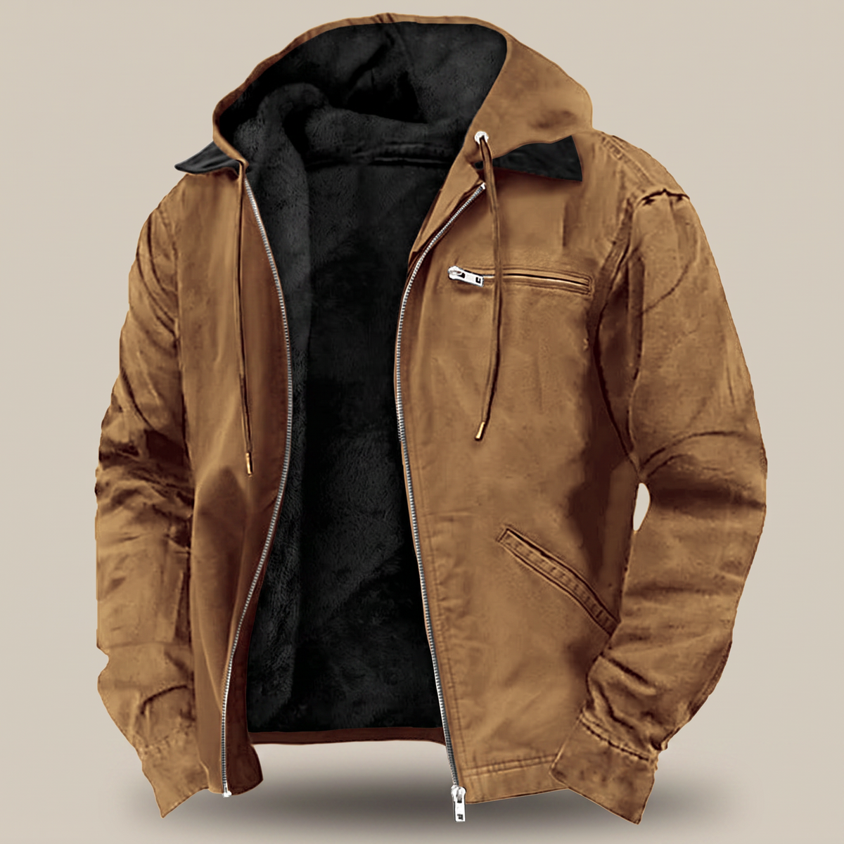 Mens Full-Zip Hooded Jacket - Fleece-Lined Canvas Coat