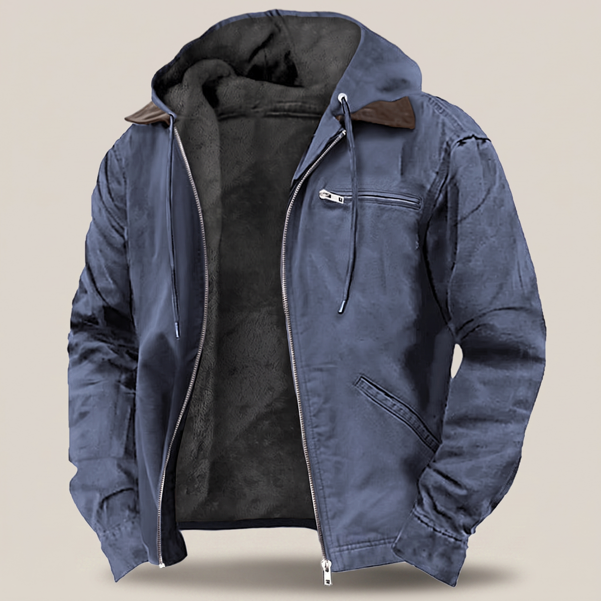 Mens Full-Zip Hooded Jacket - Fleece-Lined Canvas Coat