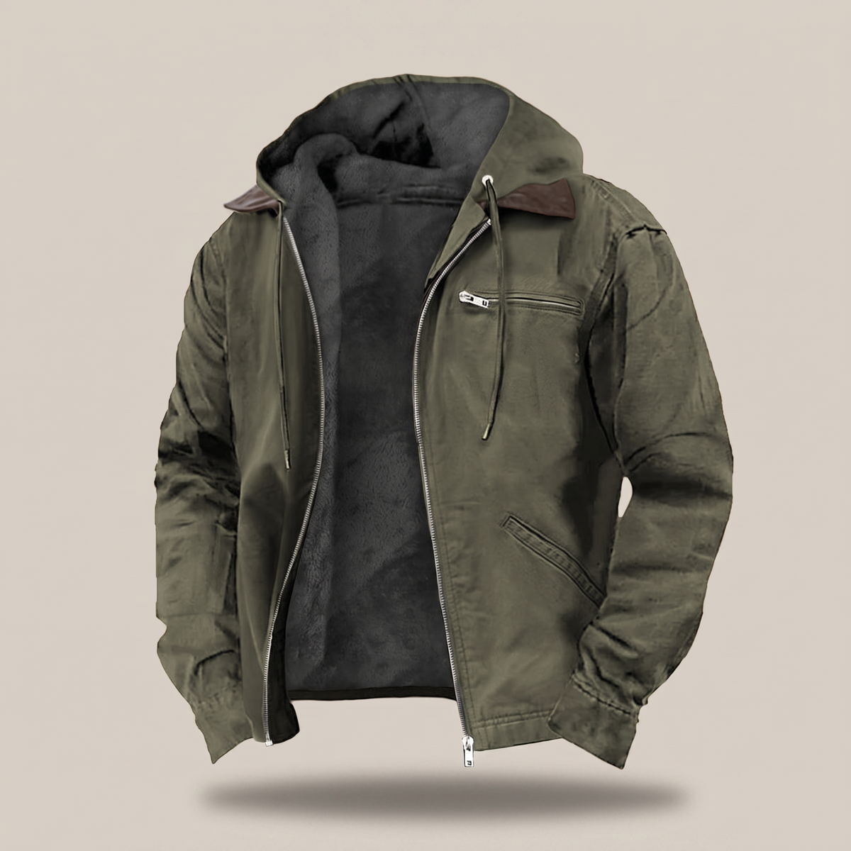 Mens Full-Zip Hooded Jacket - Fleece-Lined Canvas Coat