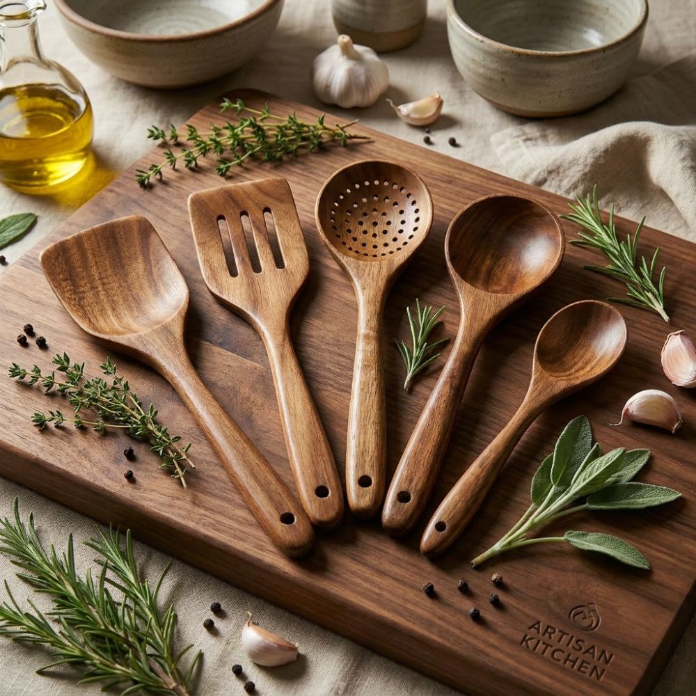 Wooden Utensil Set – Teak Kitchen Tools, 5 Pieces