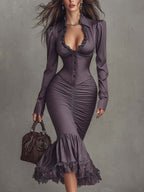 Dusty mauve lace ruched midi dress by Christine Brewer featuring elegant evening dress design with lace details and ruched fabric.