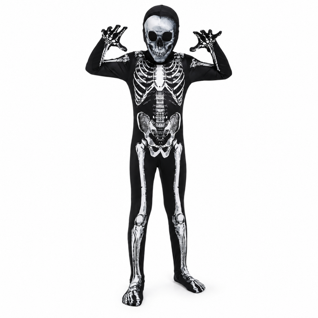 Kids skeleton grim reaper costume, front view with hood