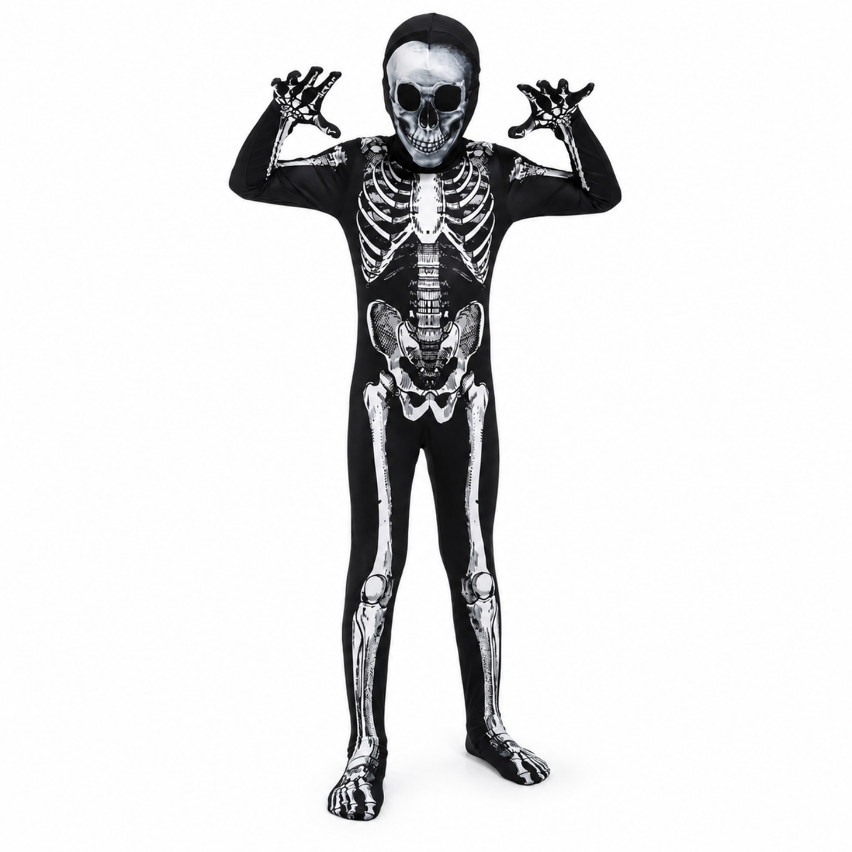 Kids skeleton grim reaper costume, front view with hood