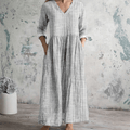 Women's Striped V-Neck Dress - Breathable Long Sleeve Casual Dress