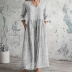 Women's Striped V-Neck Dress - Breathable Long Sleeve Casual Dress