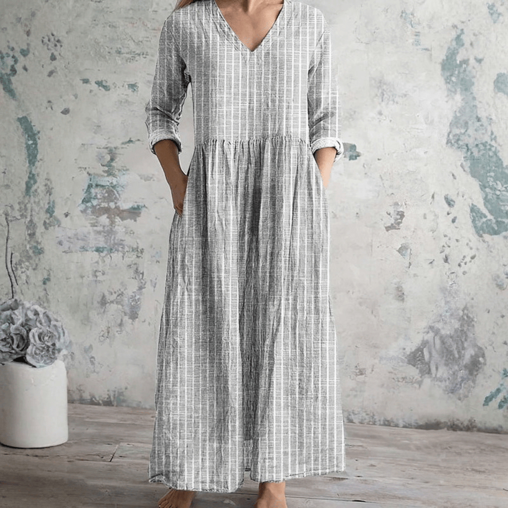 Women's Striped V-Neck Dress - Breathable Long Sleeve Casual Dress