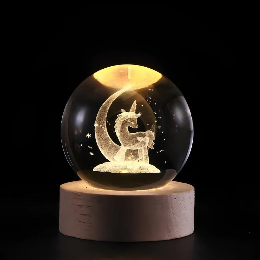 3D Engraved Crystal Ball Night Light – Wood & Glass LED Lamp