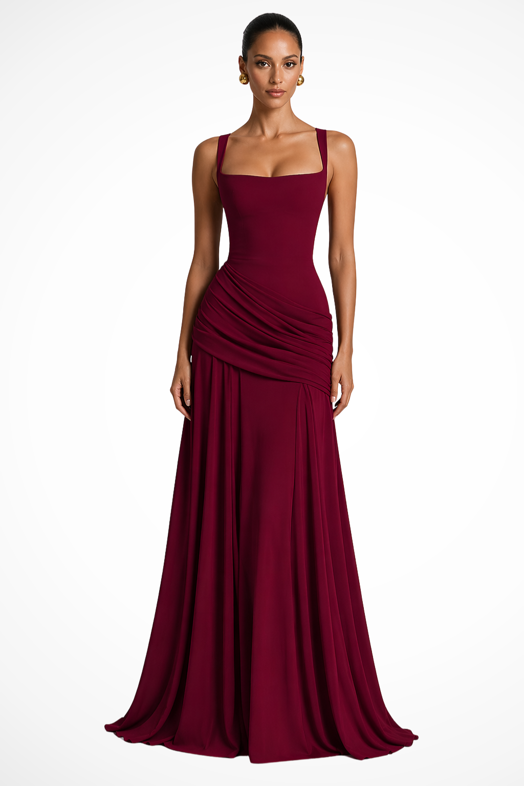 Women's Square Neck Maxi Dress with Ruched Bodice and Side Slit