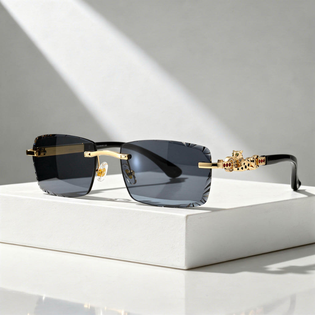Rimless Sunglasses with Gold Panther Hinge Detail