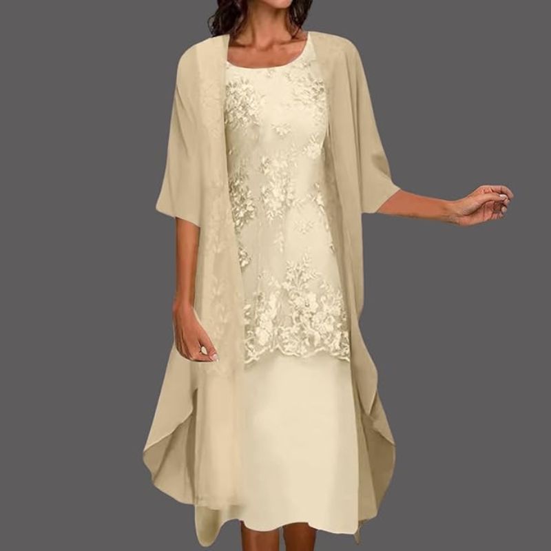 Women's Lace Midi Dress with Chiffon Cardigan Two-Piece Set