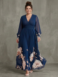 Women's Maxi Dress Navy Pleated Skirt with Sheer Sleeves