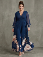 Women's Maxi Dress Navy Pleated Skirt with Sheer Sleeves