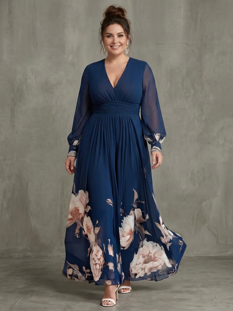 Women's Maxi Dress Navy Pleated Skirt with Sheer Sleeves