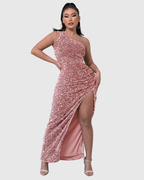 Women's One-Shoulder Sequin Evening Dress with Thigh Slit