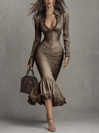 Dusty mauve lace ruched midi dress by Christine Brewer, elegant evening dress with intricate lace details and flattering silhouette.