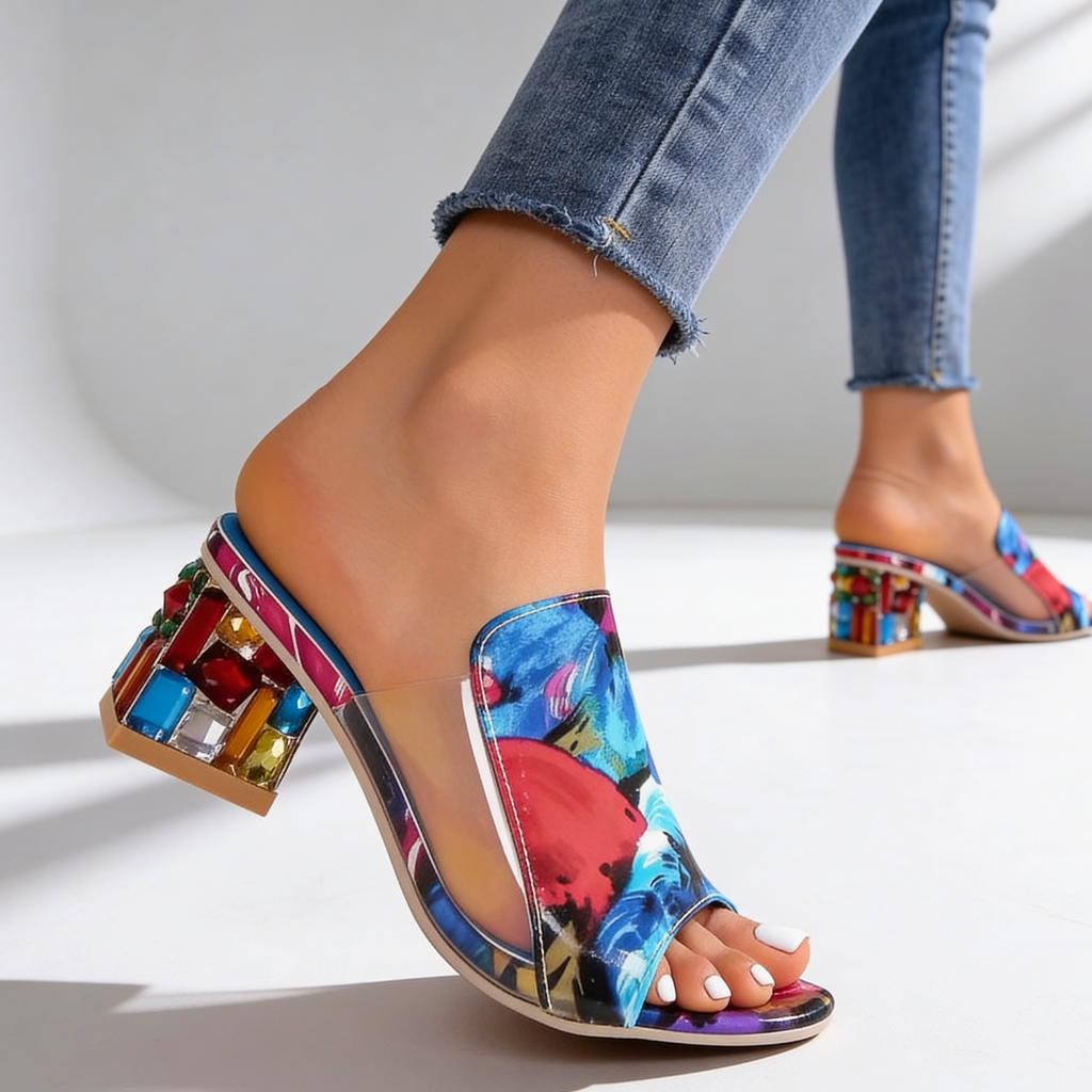 Women's Rhinestone Block Heel Slides - Jeweled Peep-Toe Sandals