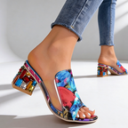 Women's Rhinestone Block Heel Slides - Jeweled Peep-Toe Sandals