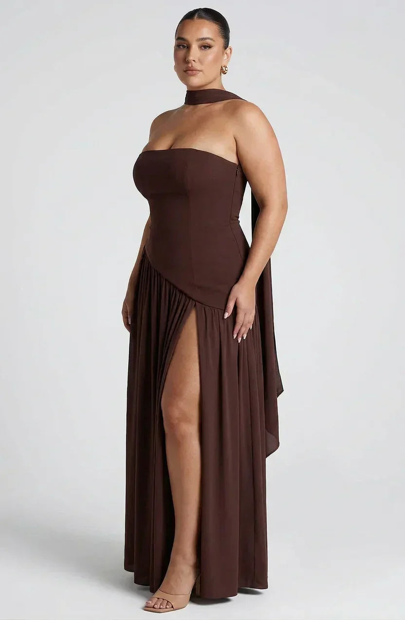 Women's Maxi Dress - Strapless Colorblock Style with High Side Slit
