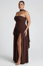 Women's Maxi Dress - Strapless Colorblock Style with High Side Slit